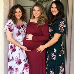 Maternity off-shoulder long sleeve maxi dress.